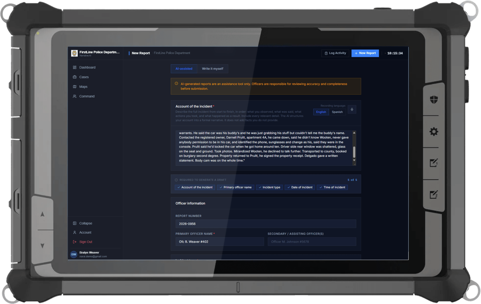 An officer dictating field notes into the Narrative AI new report form