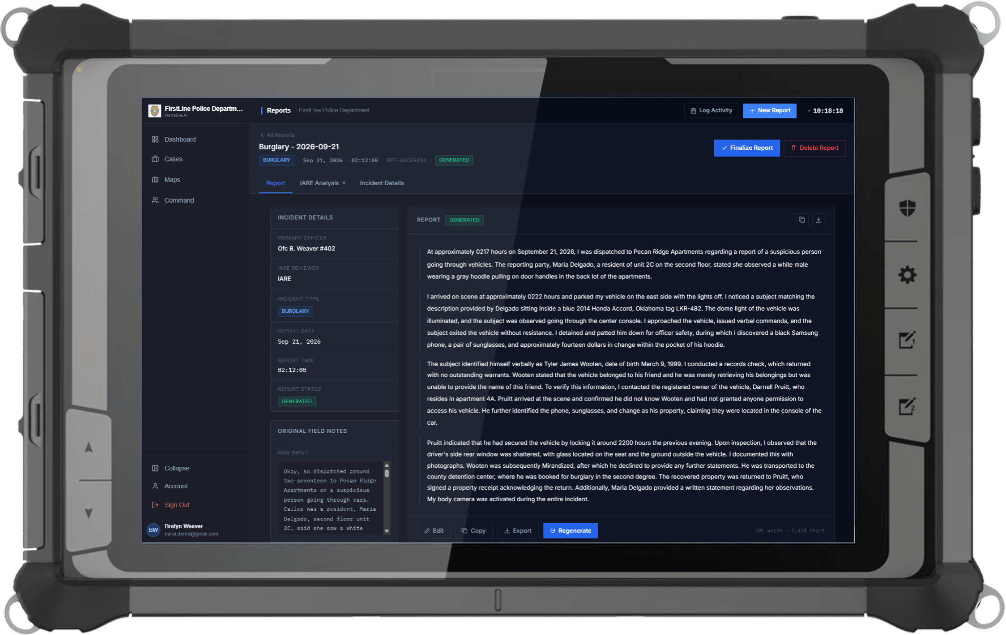 A generated incident narrative open in Narrative AI on a rugged patrol tablet
